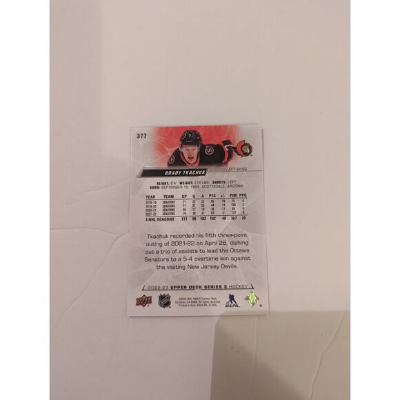 2022-23 Upper Deck- #377 Brady Tkachuk Ottawa Senators Left Wing Card - Picture 2 of 2